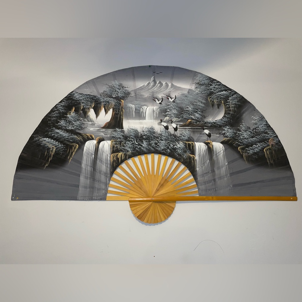 Very Large Handpainted Crane Oriental Fan